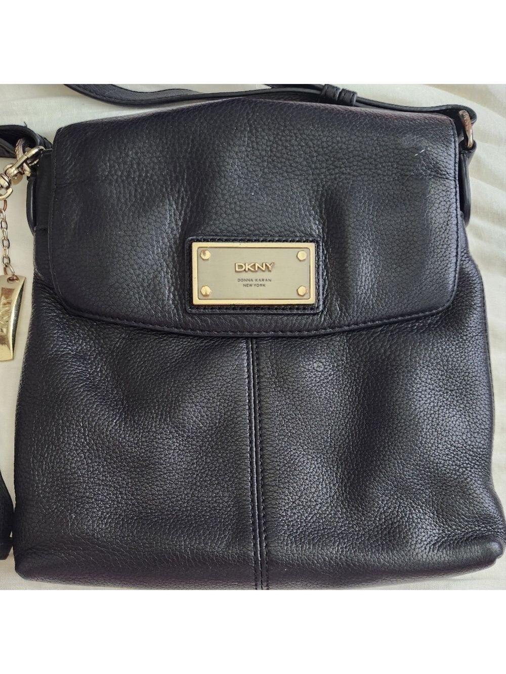 Vtg DKNY Black Pebble Leather Crossbody Bag